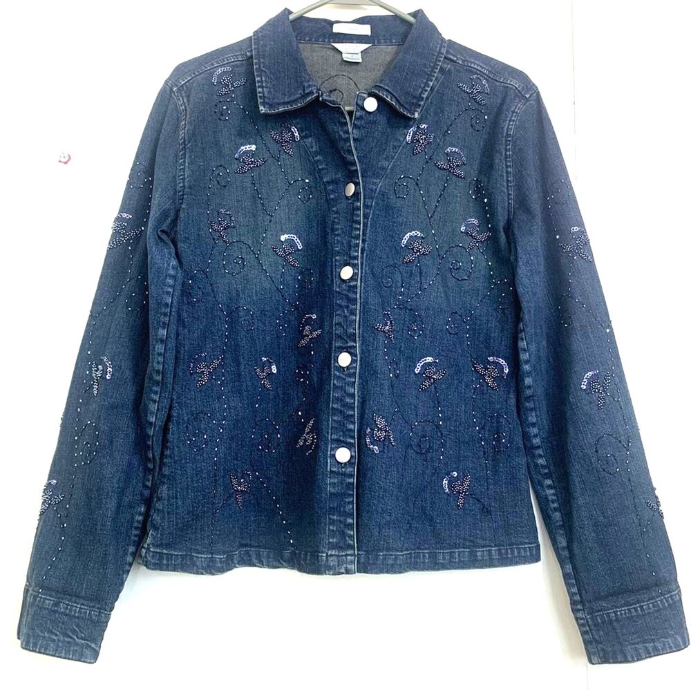 Christopher & Banks Stretch Denim Jacket Size S Floral Sparkly Sequins Jacket